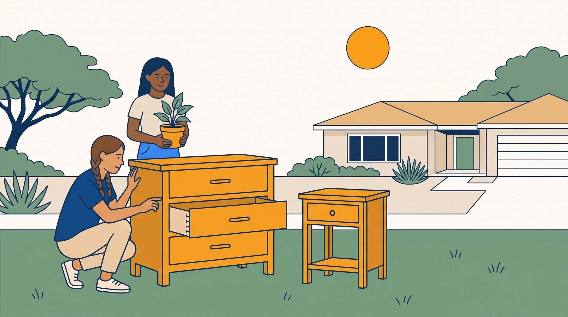 A young woman crouches at a front-lawn garage sale and pulls out a dresser drawer to check how it slides, with a matching nightstand beside it.