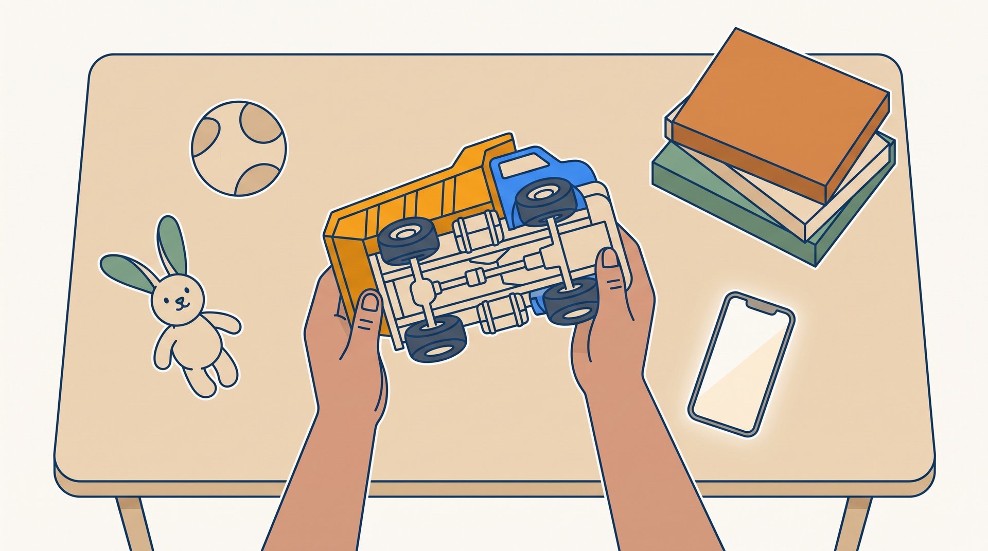 Overhead view of a shopper's hands turning a toy dump truck upside down on a garage sale table, with a smartphone beside it for a quick recall lookup.
