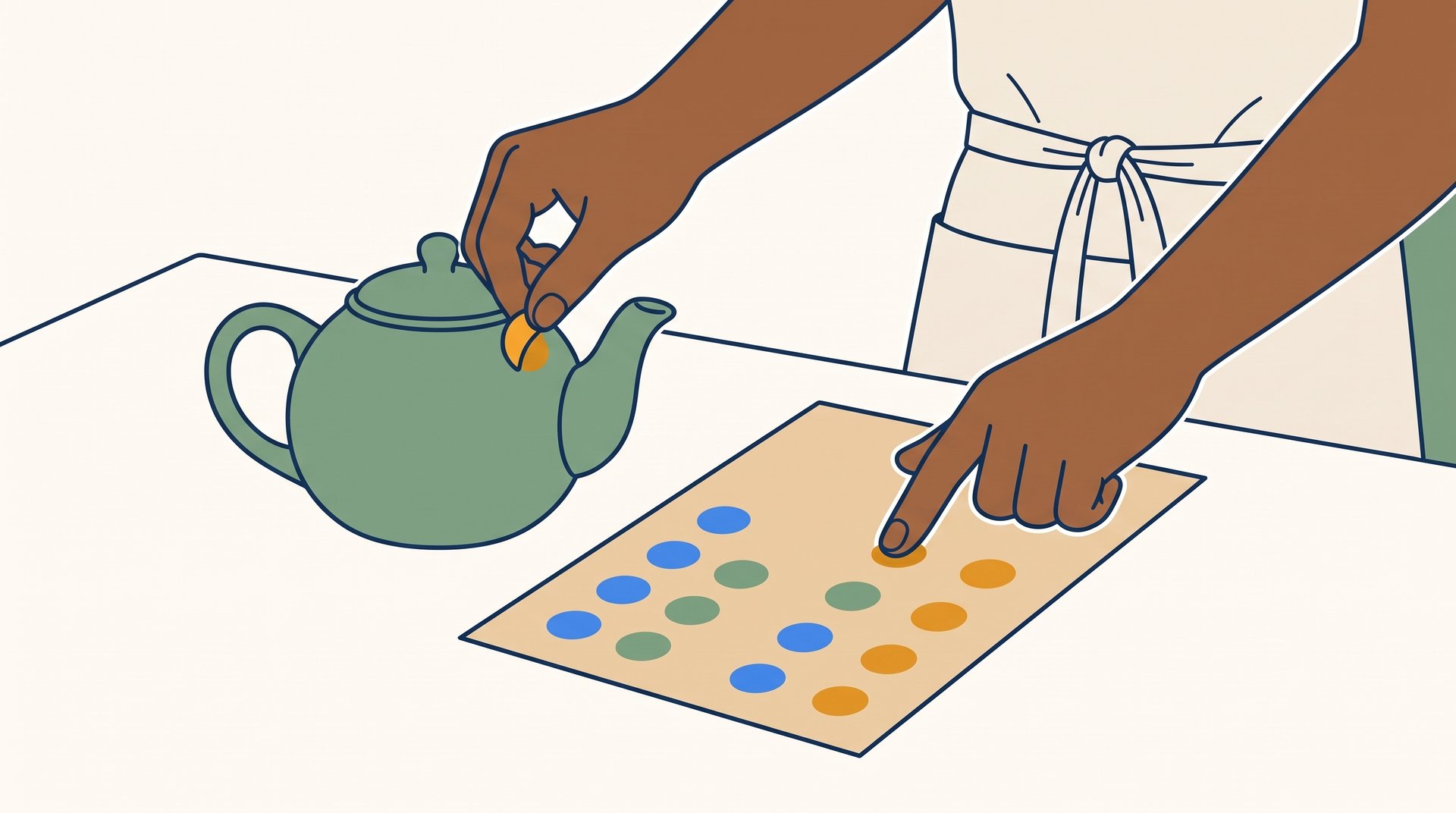 Close-up of a seller's hands moving a colored sticker dot from a sold teapot onto a sheet that tracks sales in three color columns.