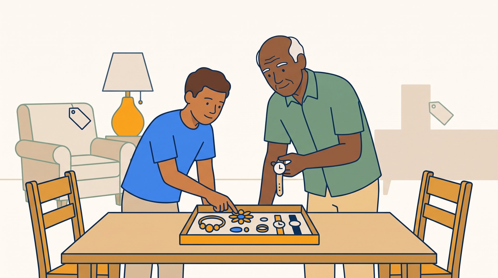 A teenage boy and his grandfather look over a tray of costume jewelry and watches on a dining table at an indoor estate sale.