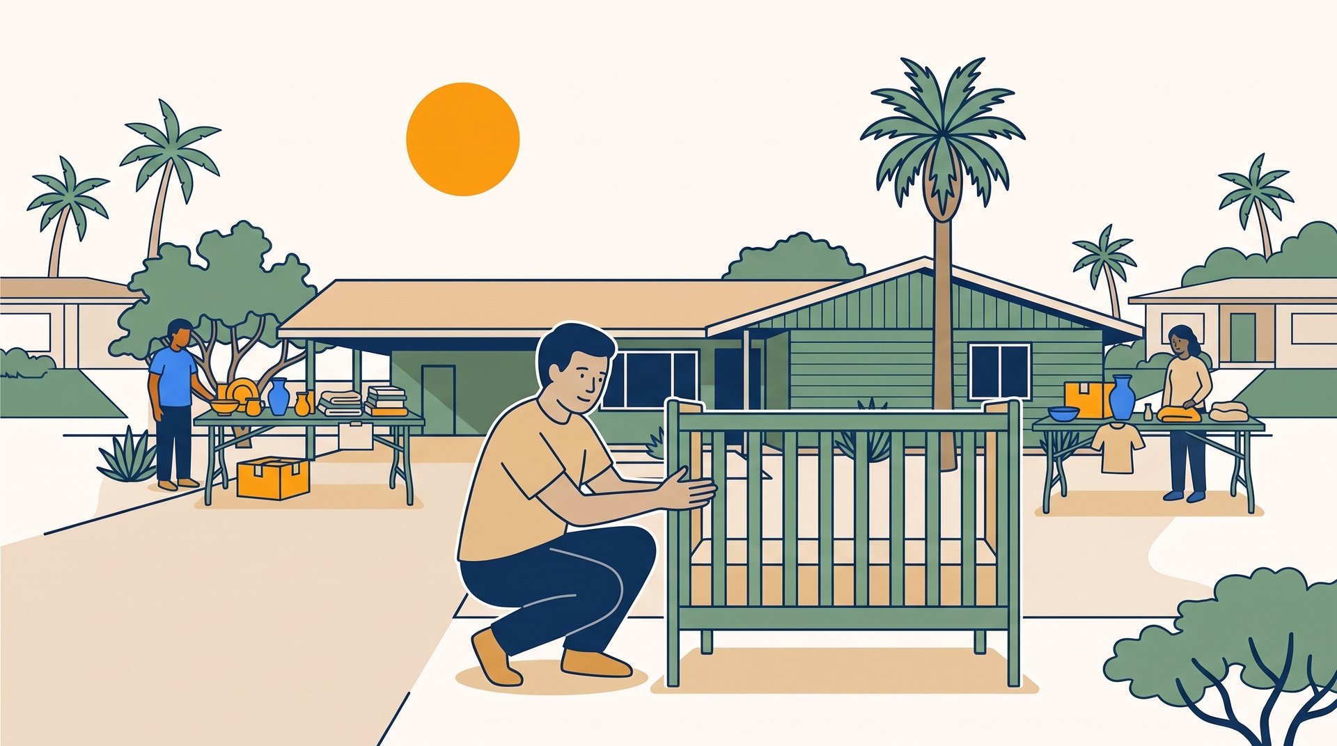 A shopper crouches beside a wooden crib at a multi-family yard sale, running a hand along the crib's slats.