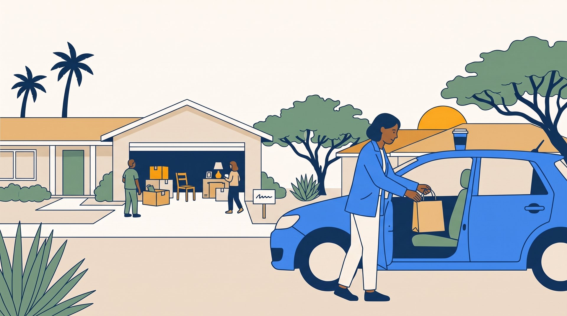 At sunrise, a woman sets a small bag of garage sale finds on her car's passenger seat, coffee on the roof, before heading to the next sale on her route.