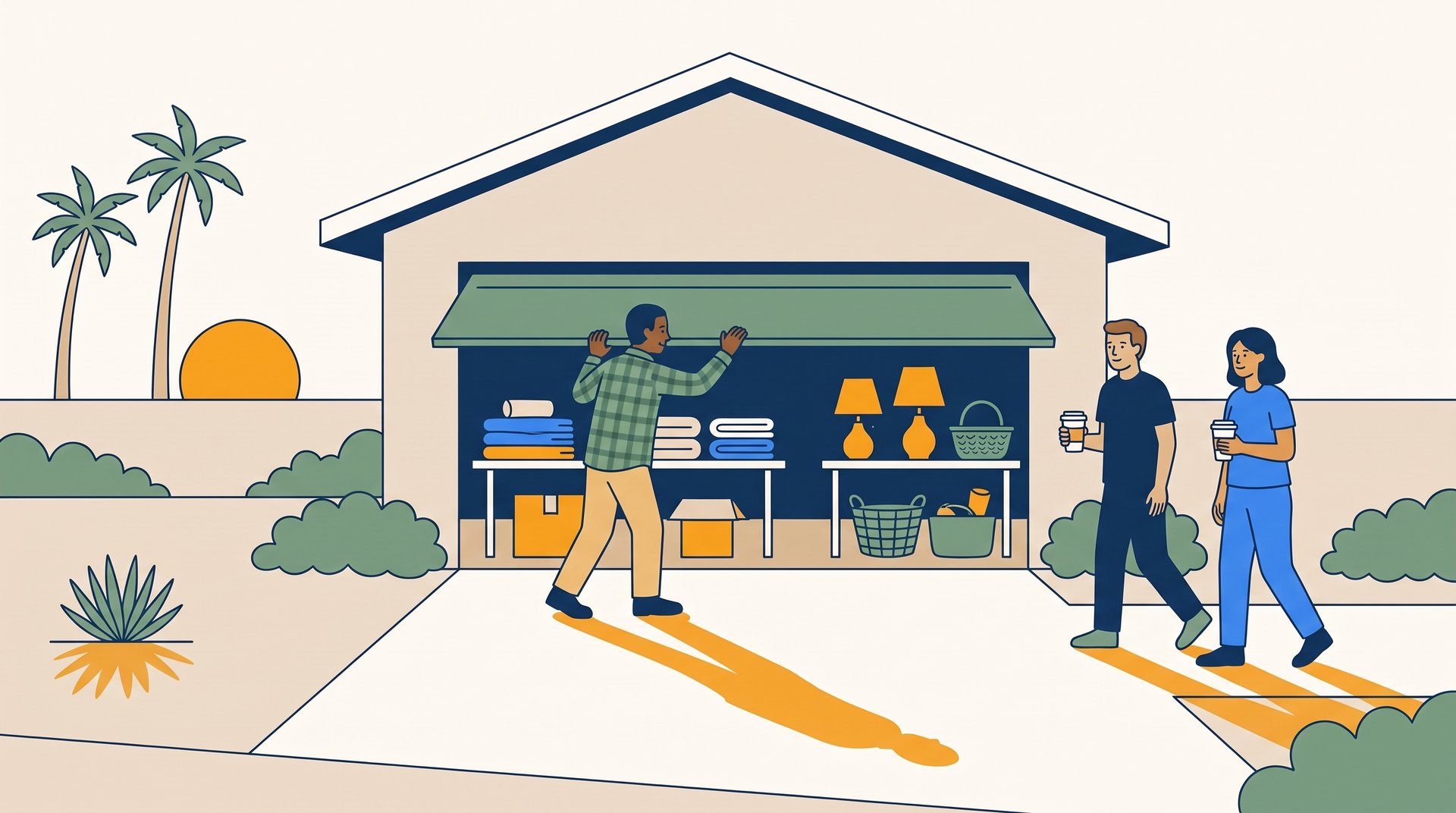 At sunrise, a seller lifts the garage door to open the sale as two early shoppers with coffee walk up the driveway.