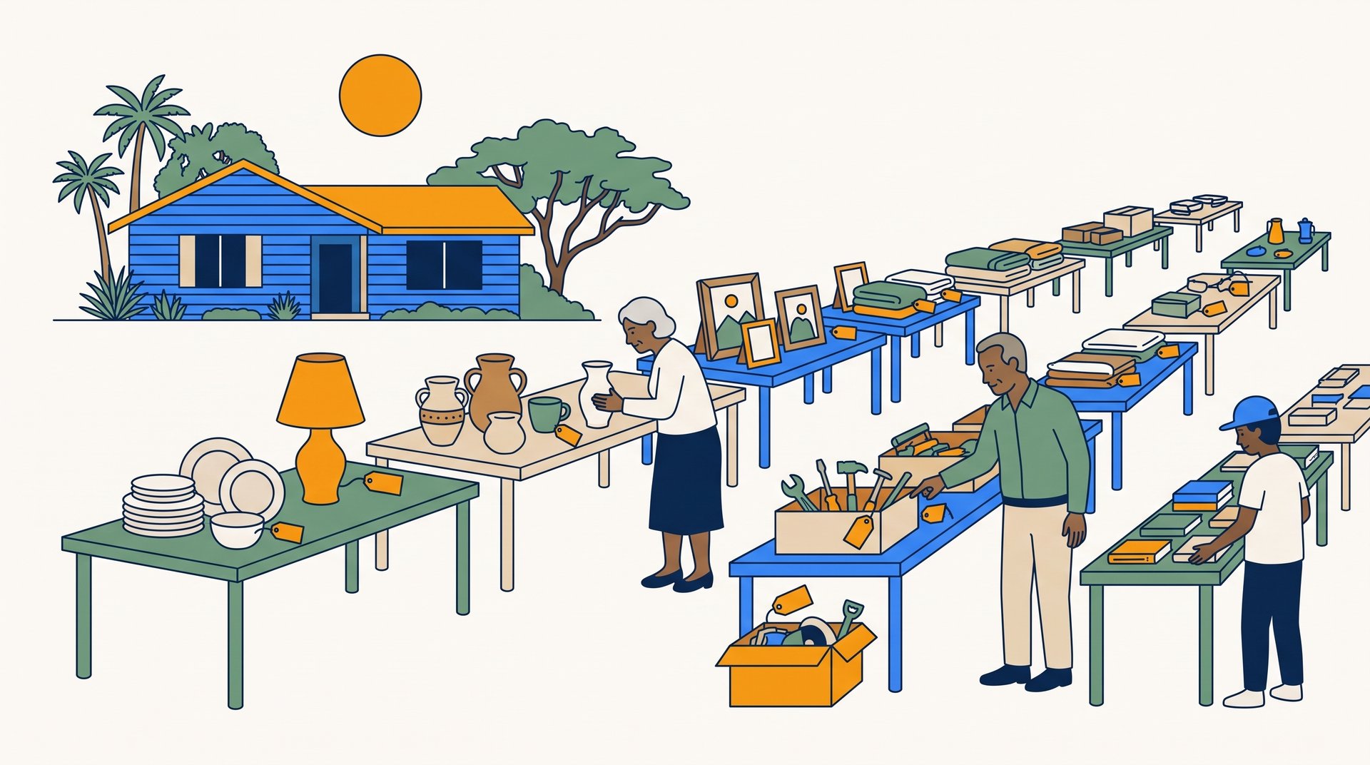 Several shoppers browse neat rows of tables spread across a yard in front of a single-story home.