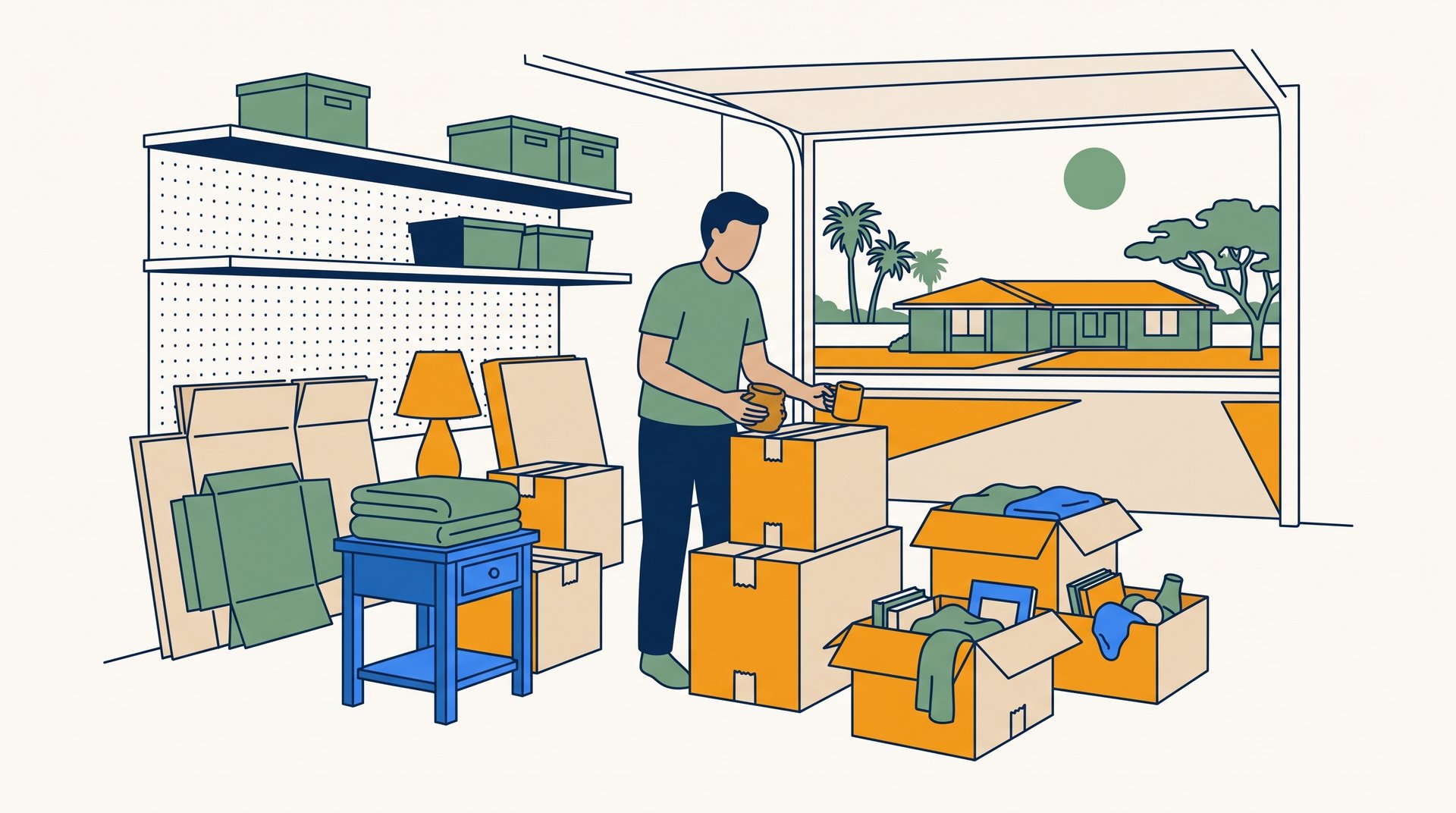A person sorting items into labeled boxes while preparing for a garage sale