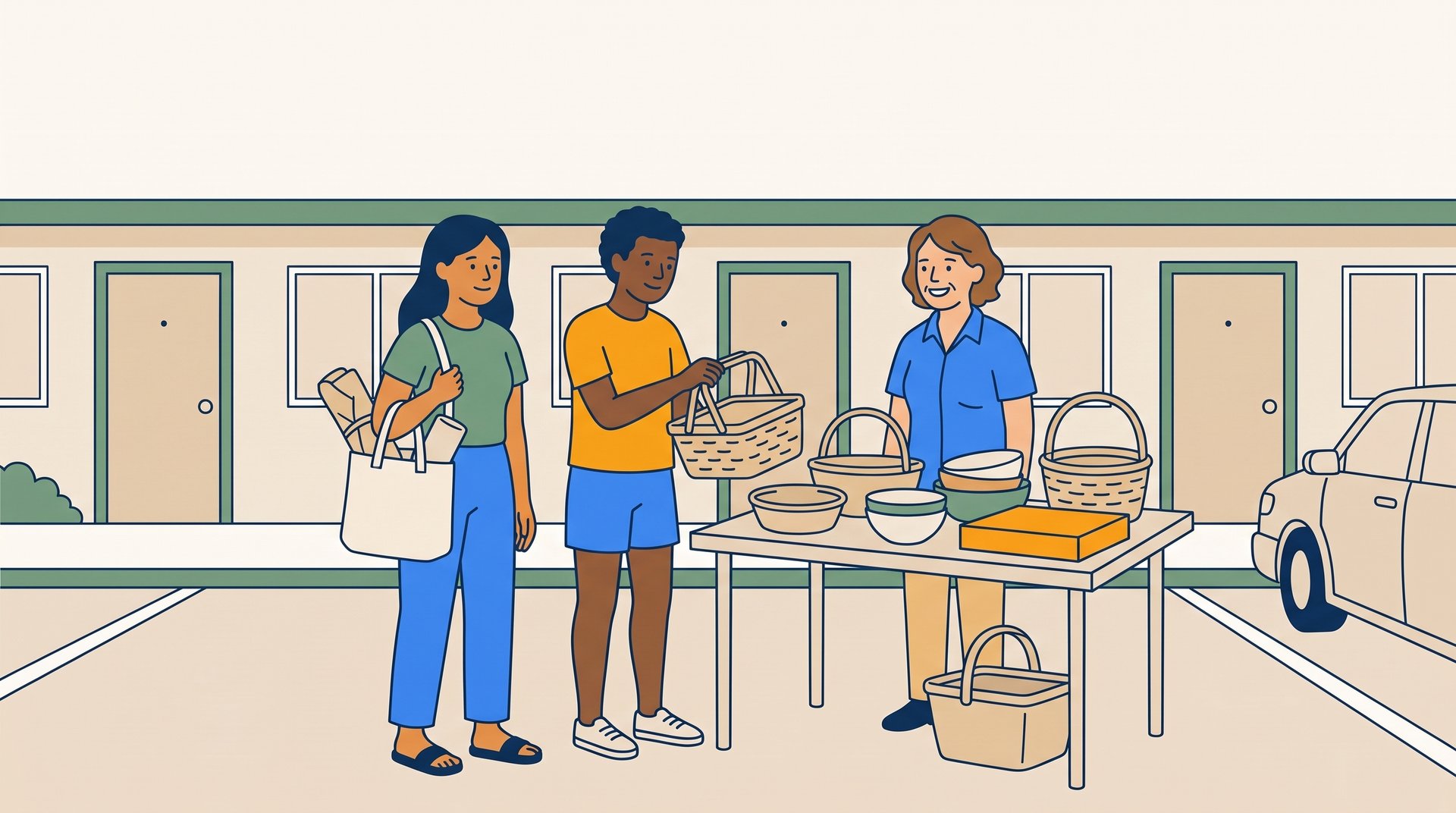 Two friends on a Saturday garage sale crawl browse baskets and bowls at a small apartment-complex parking lot sale while the seller looks on.