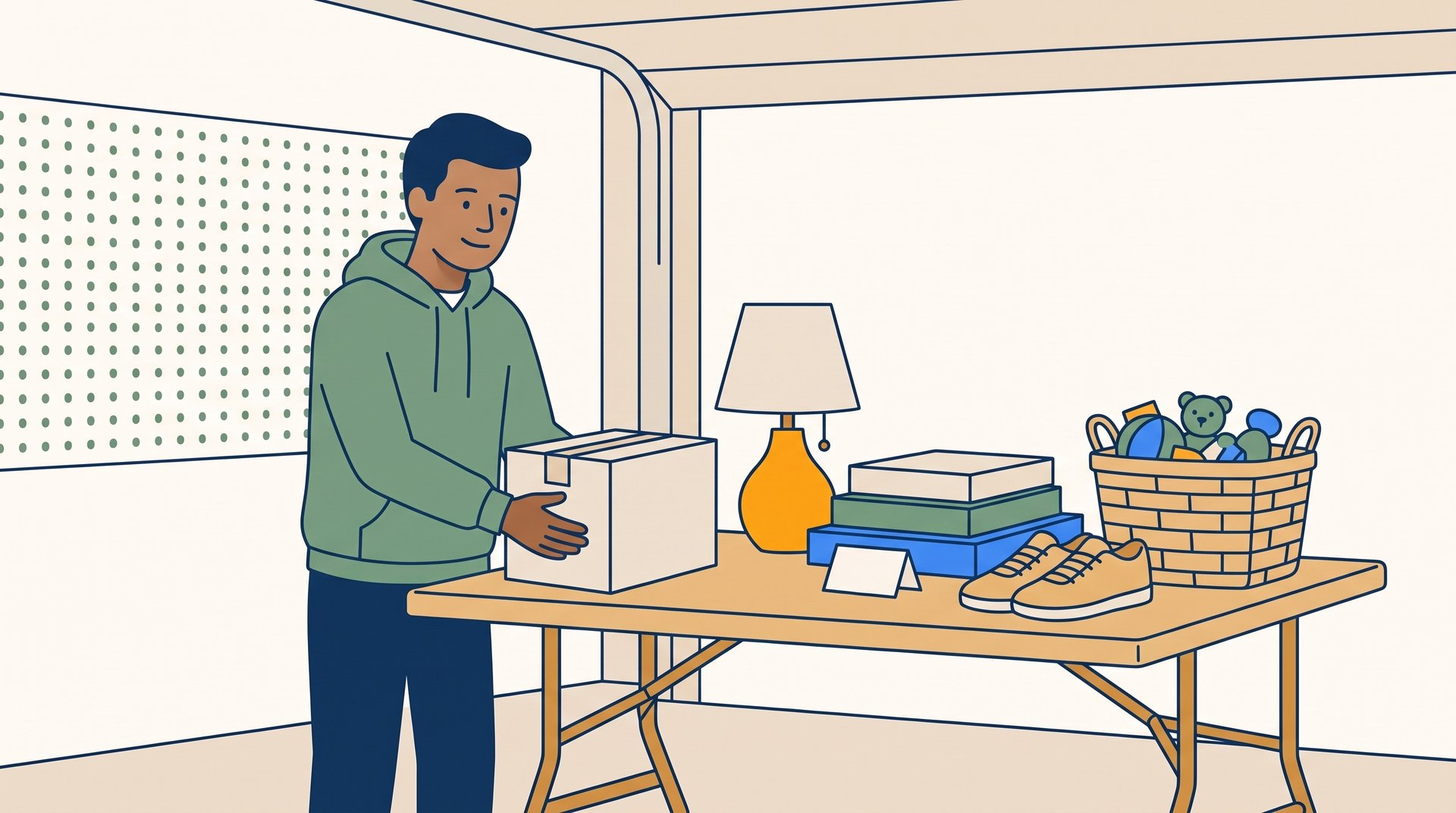 A man sets a duplicate toaster, still in its box, on a garage folding table that holds other items waiting for a January sale.