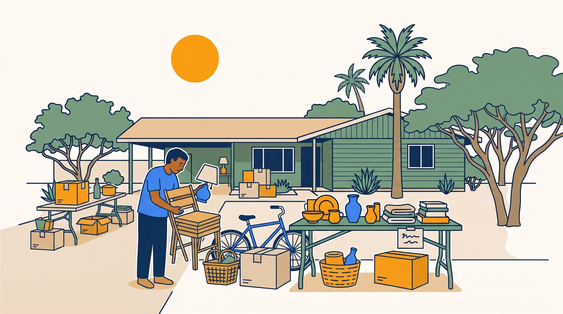 A shopper examines folding chairs and a lamp at an open garage sale with tables spilling onto the driveway.