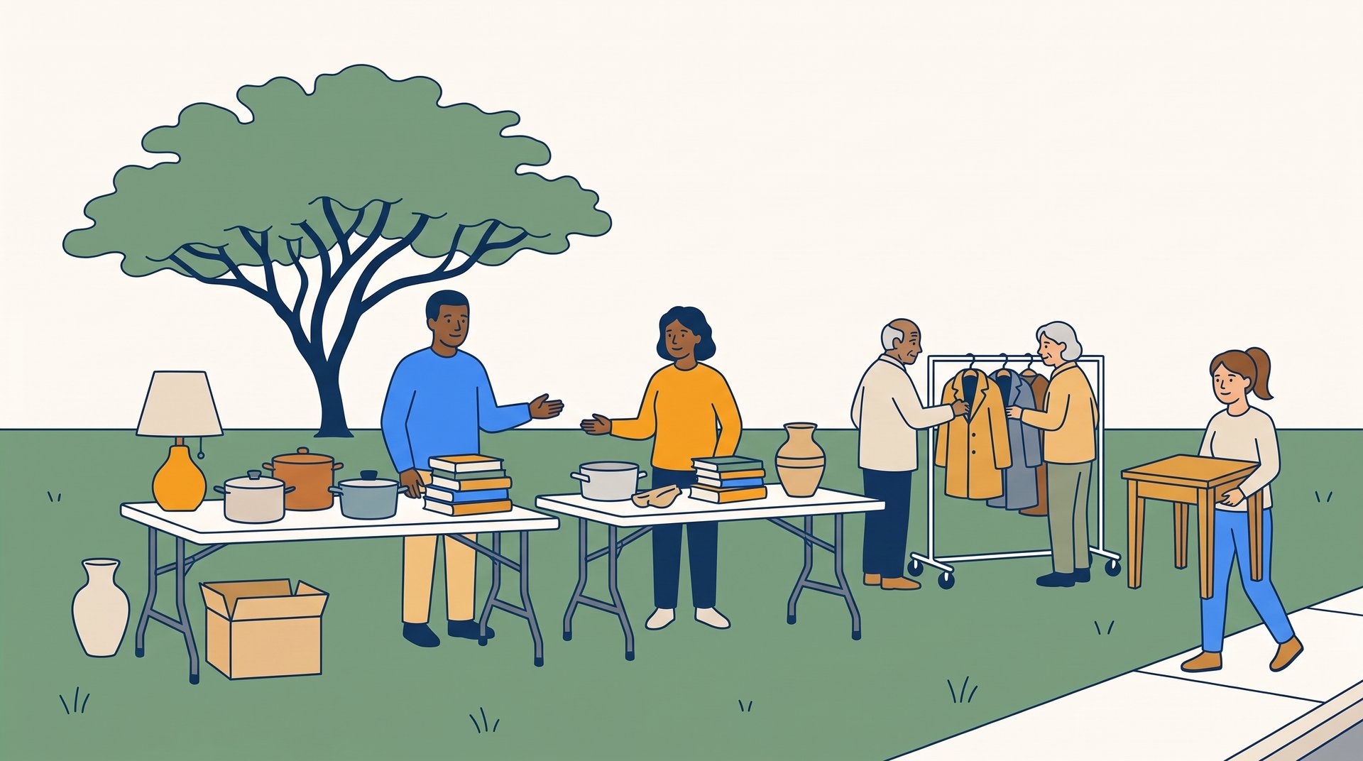 On a cool January morning, an older couple in light jackets browses a front-lawn garage sale while a young woman carries off a small side table.
