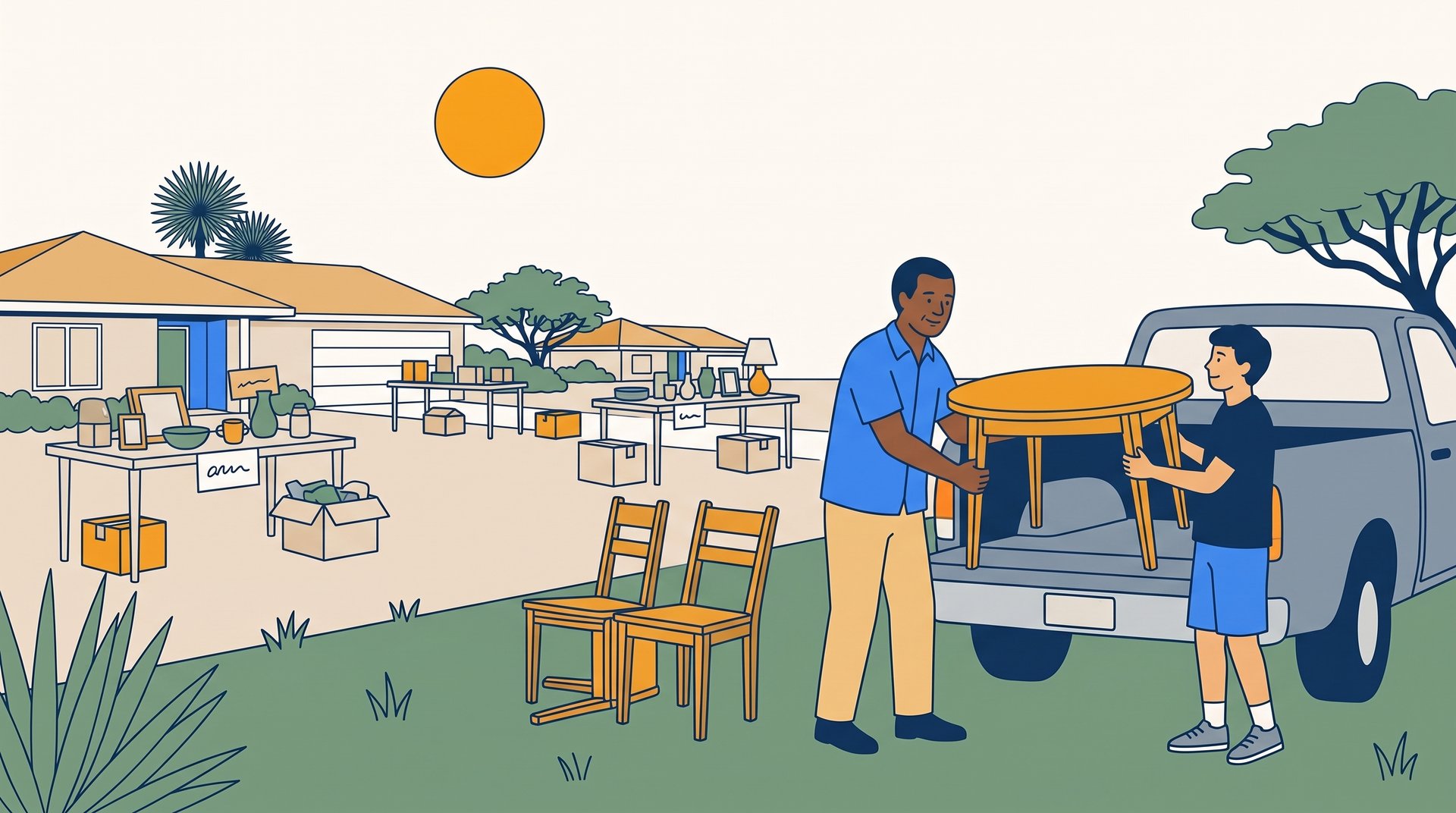 A father and his teenage son lift a small round dining table into a pickup truck at a multi-family garage sale, with two matching chairs waiting on the grass.