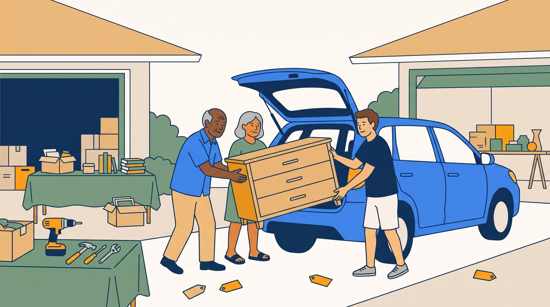 An older couple and the seller slide a wooden dresser into the back of an SUV in front of an open garage with tables of tools nearby.