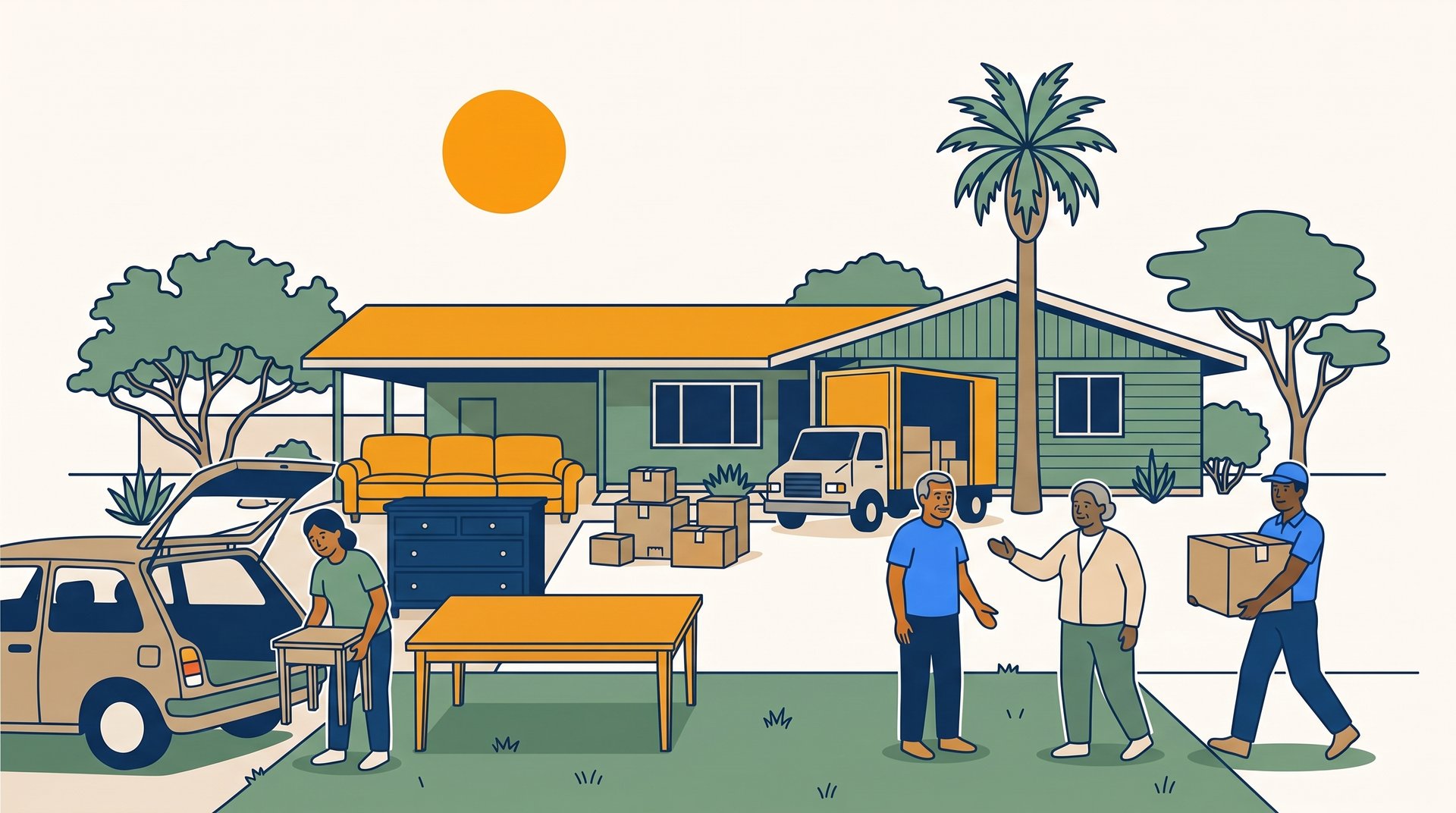 People load furniture into a car at a front-lawn sale with a moving truck parked in the driveway behind them.
