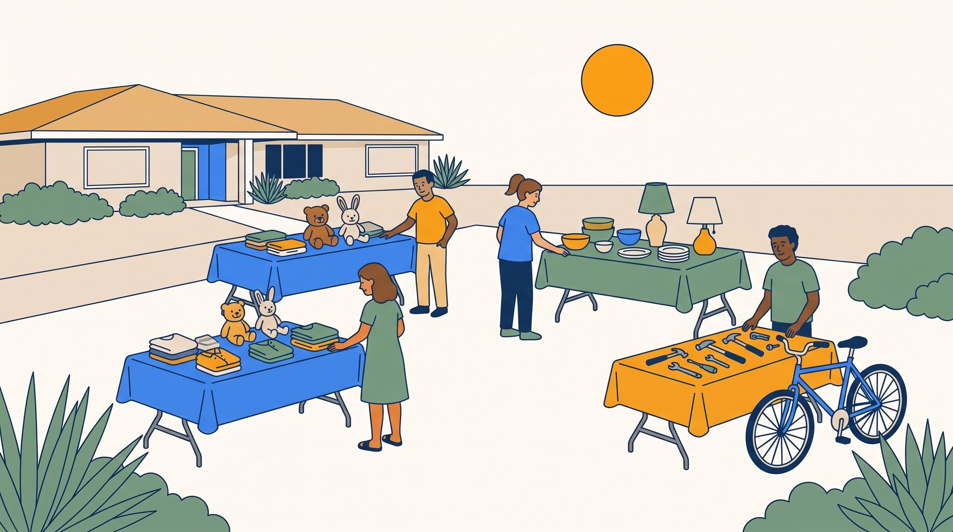 A multi-family garage sale fills a front yard with three groups of tables, each covered in a different colored tablecloth.