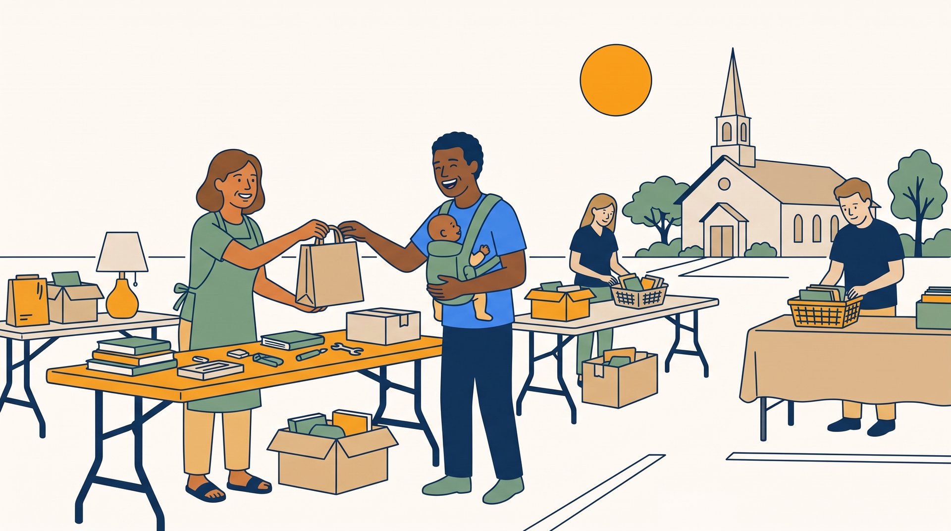 At a church parking-lot sale, a seller laughs as she hands a bag of finds across the table to a young dad wearing a baby carrier.