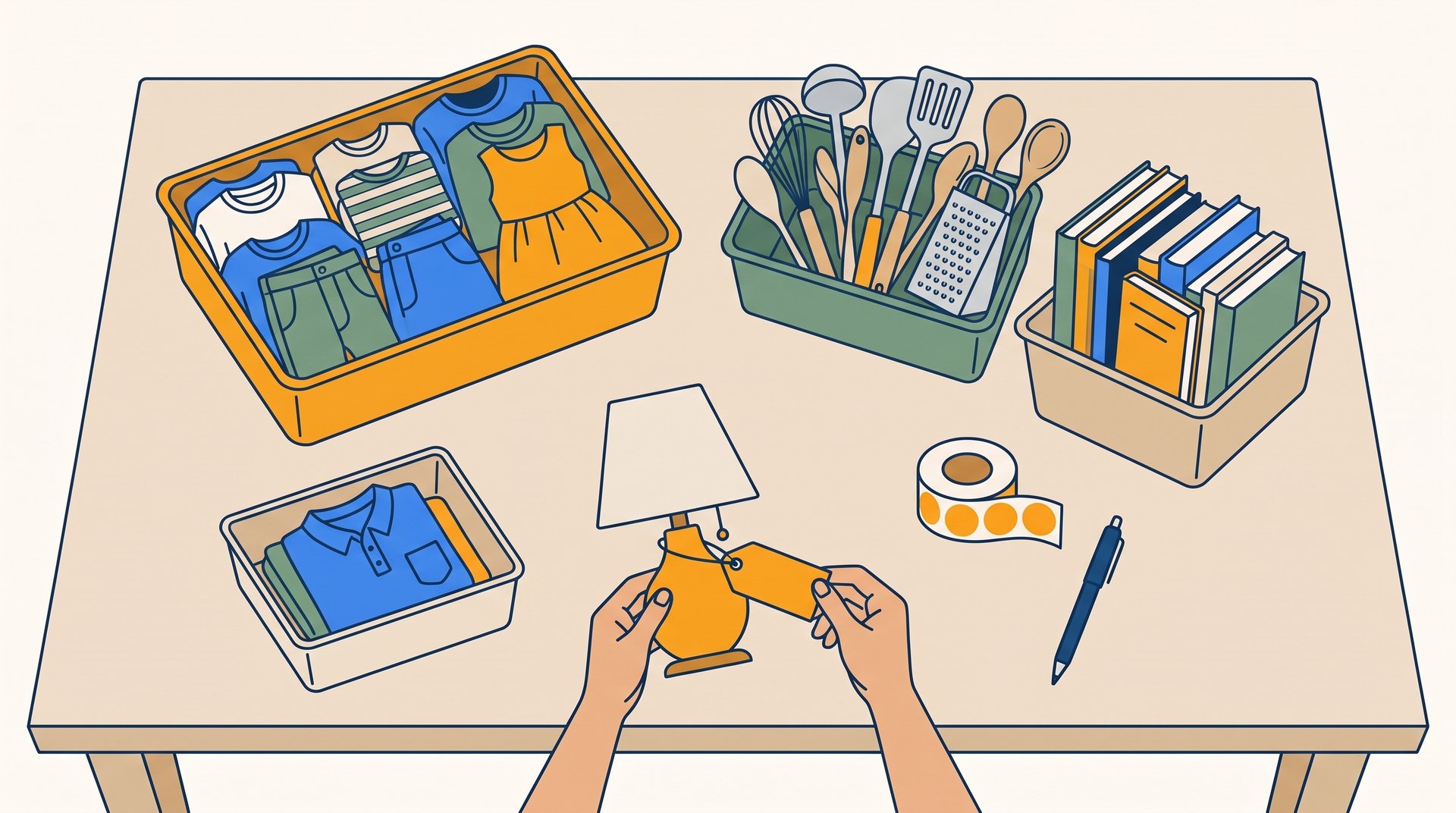 Overhead view of a dining table where items are grouped into bins by type for pricing, as a seller ties a blank tag onto a small lamp.