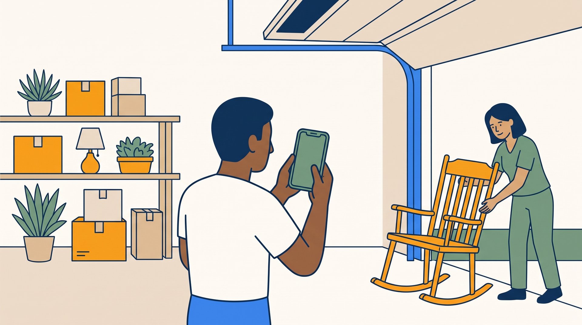 A couple prepares a garage sale listing photo, one holding up a phone to photograph a wooden rocking chair while the other adjusts it in the light.