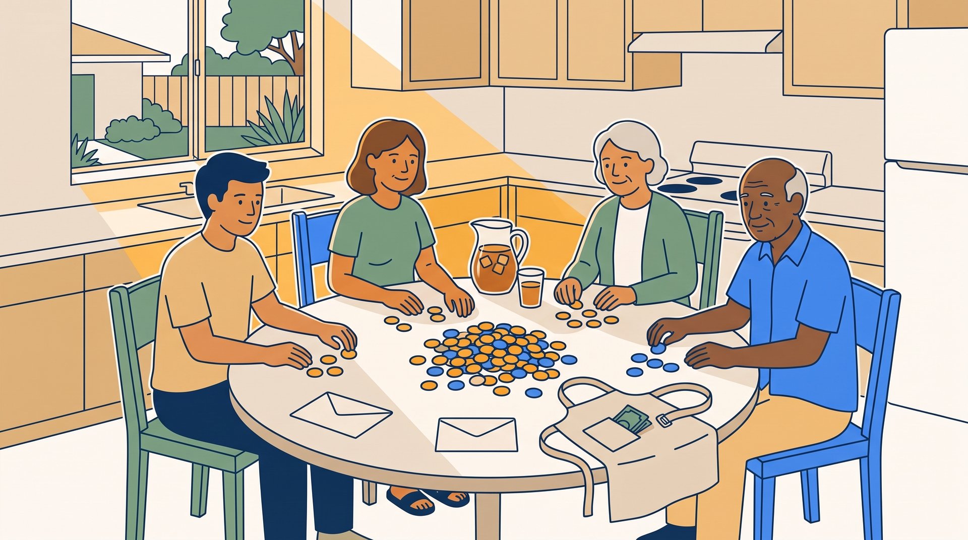 Four neighbors sit around a kitchen table after the sale, sorting colored sticker dots into piles next to envelopes and a cash apron.