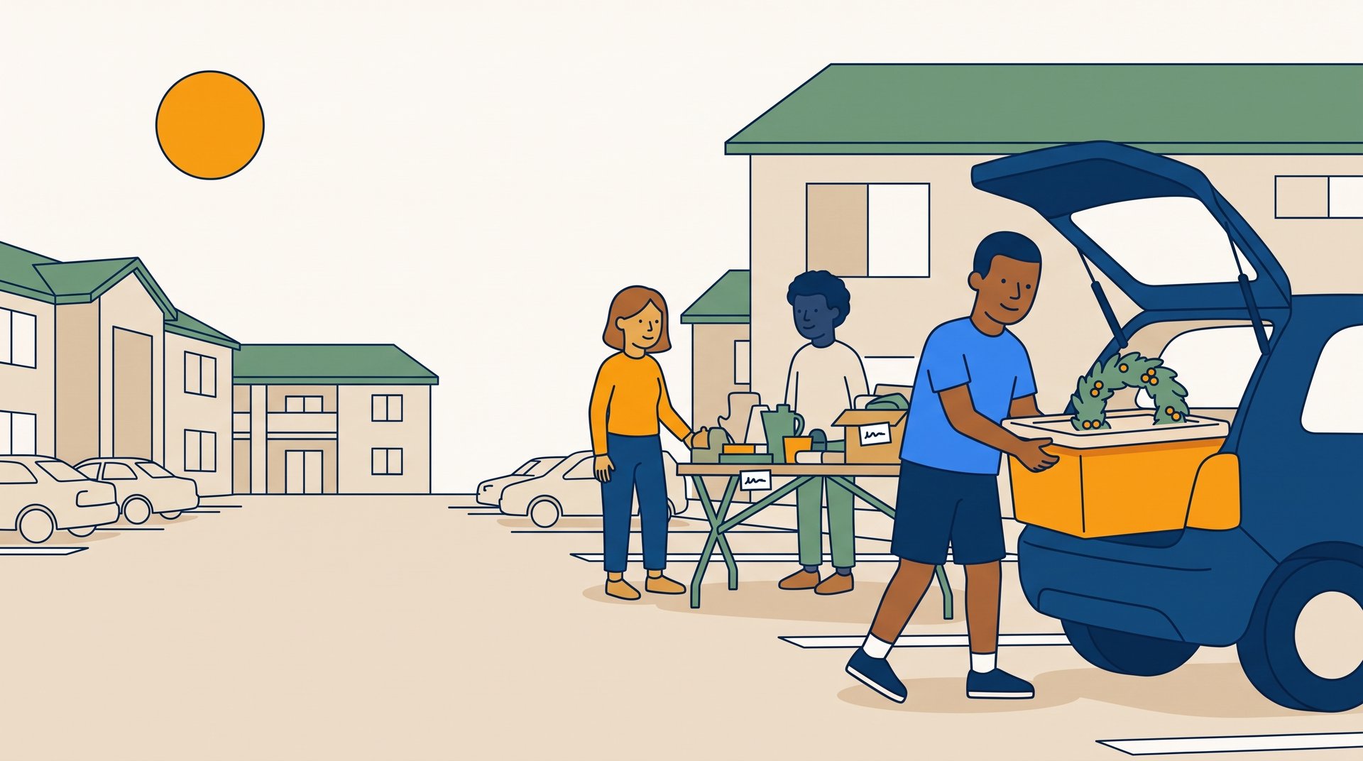 A young man loads a single storage bin topped with a wreath into his hatchback at a small apartment-complex garage sale while neighbors browse a table behind him.