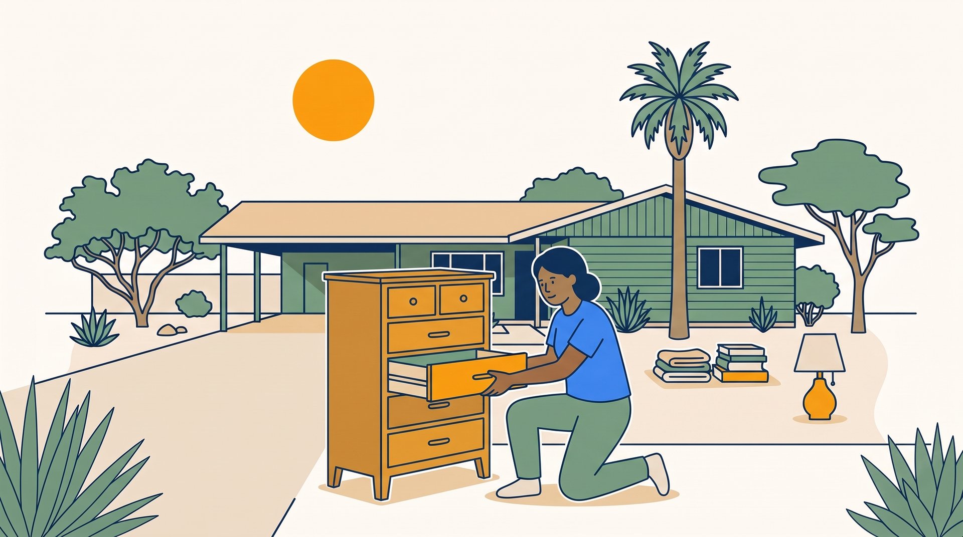 A shopper kneels to pull open a dresser drawer fully, testing how smoothly it slides on its track.