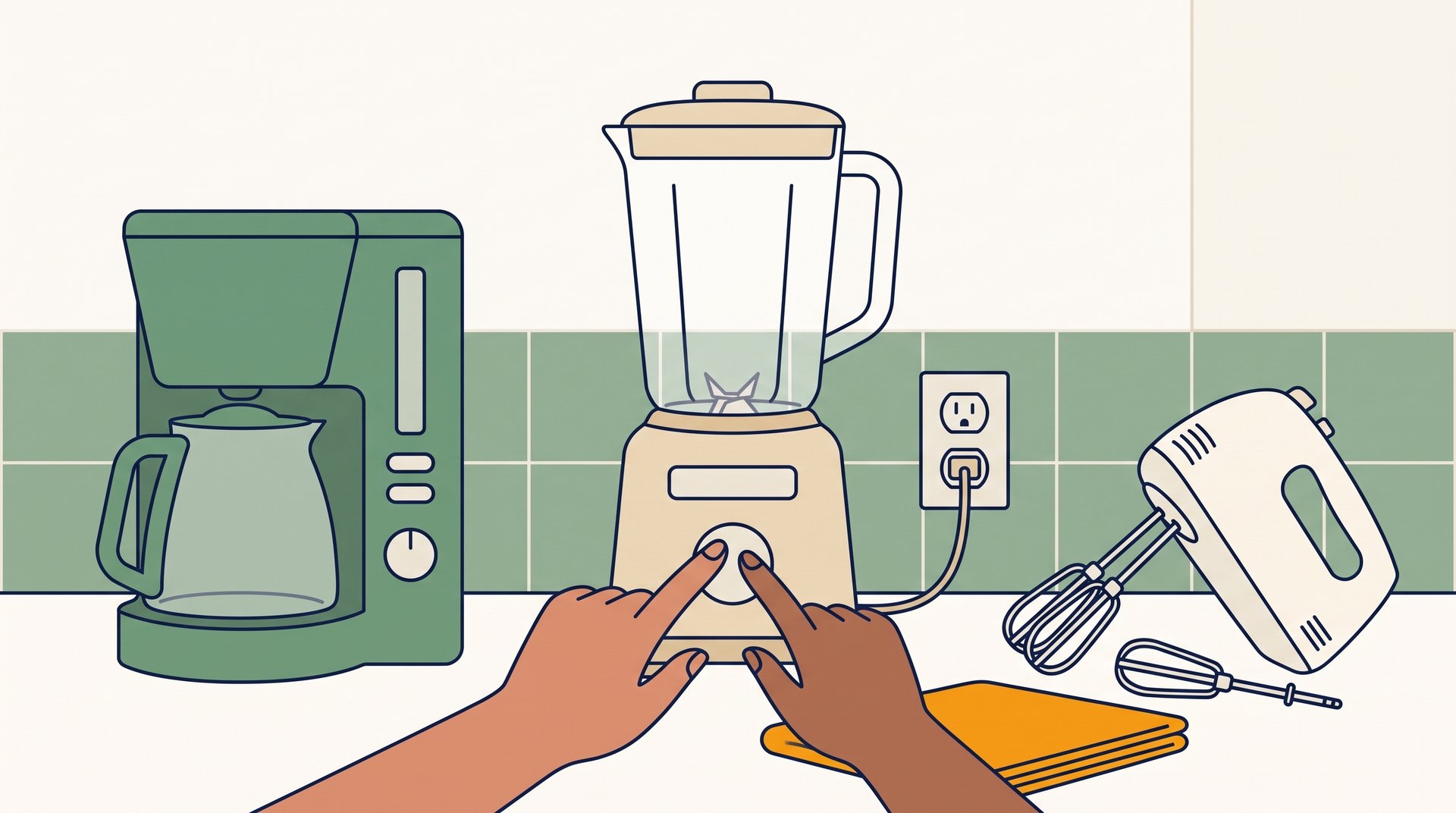 Close-up of a seller's hands testing a blender plugged into a kitchen outlet, with a coffee maker and hand mixer lined up to check next.