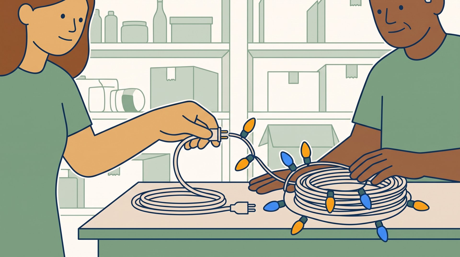 Close-up of a shopper's hands plugging a string of holiday lights into an extension cord on a garage workbench, the bulbs lit up to check they work.