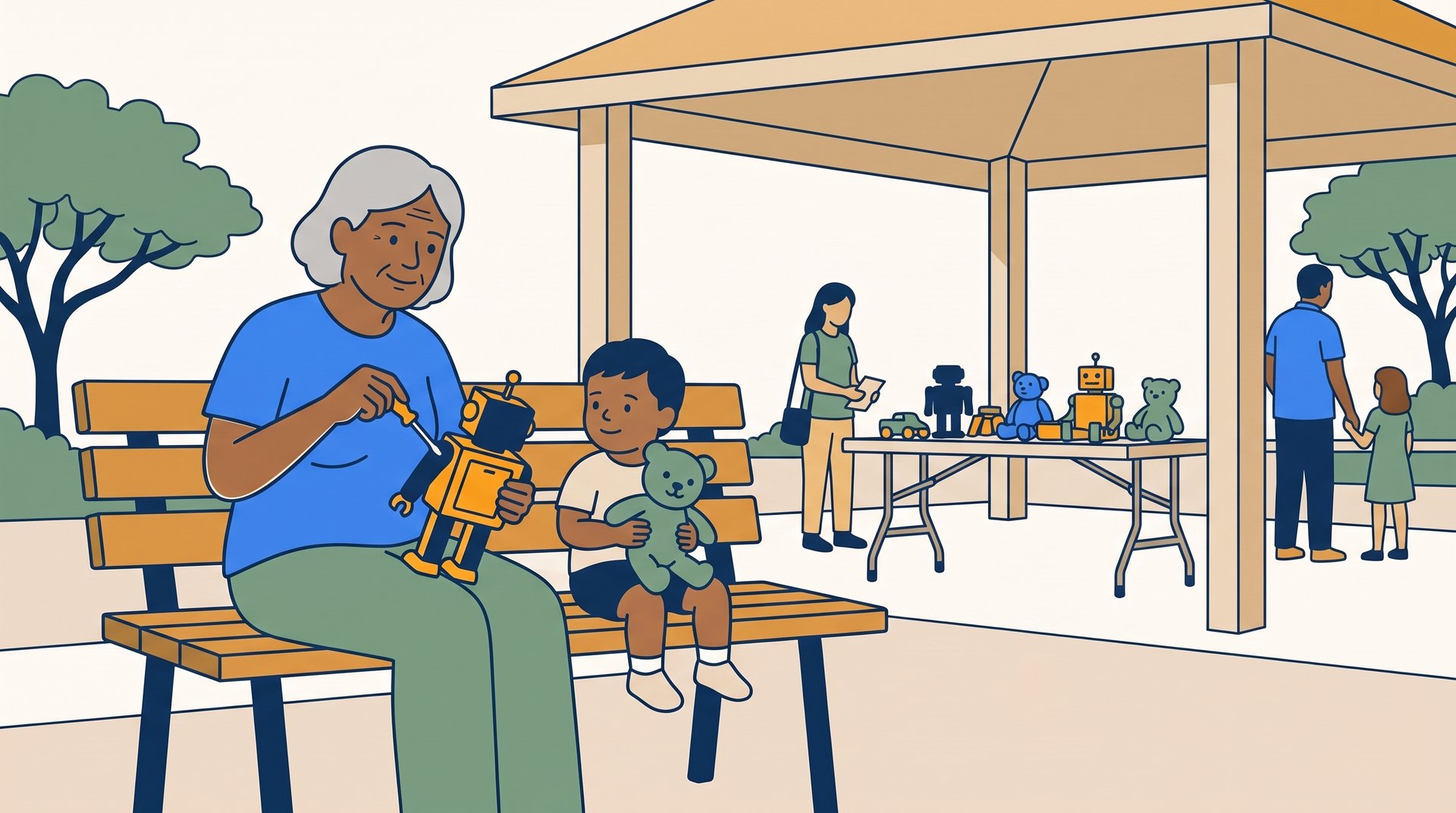 A grandmother at a park pavilion garage sale uses a small screwdriver to open the battery door on a toy robot while a toddler sits beside her with a plush toy.