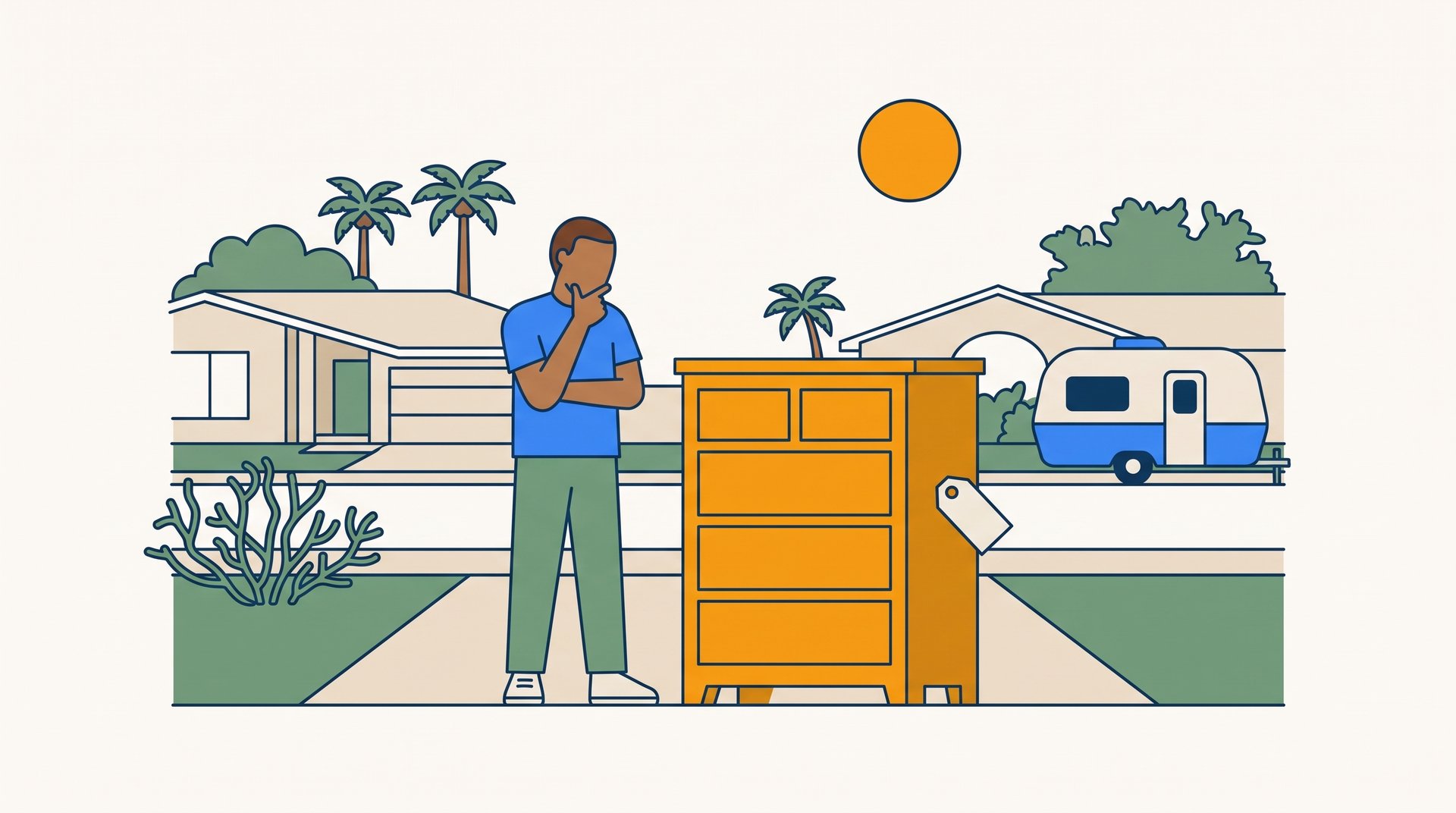 A shopper considering whether a large dresser is worth hauling home, with a travel trailer visible nearby