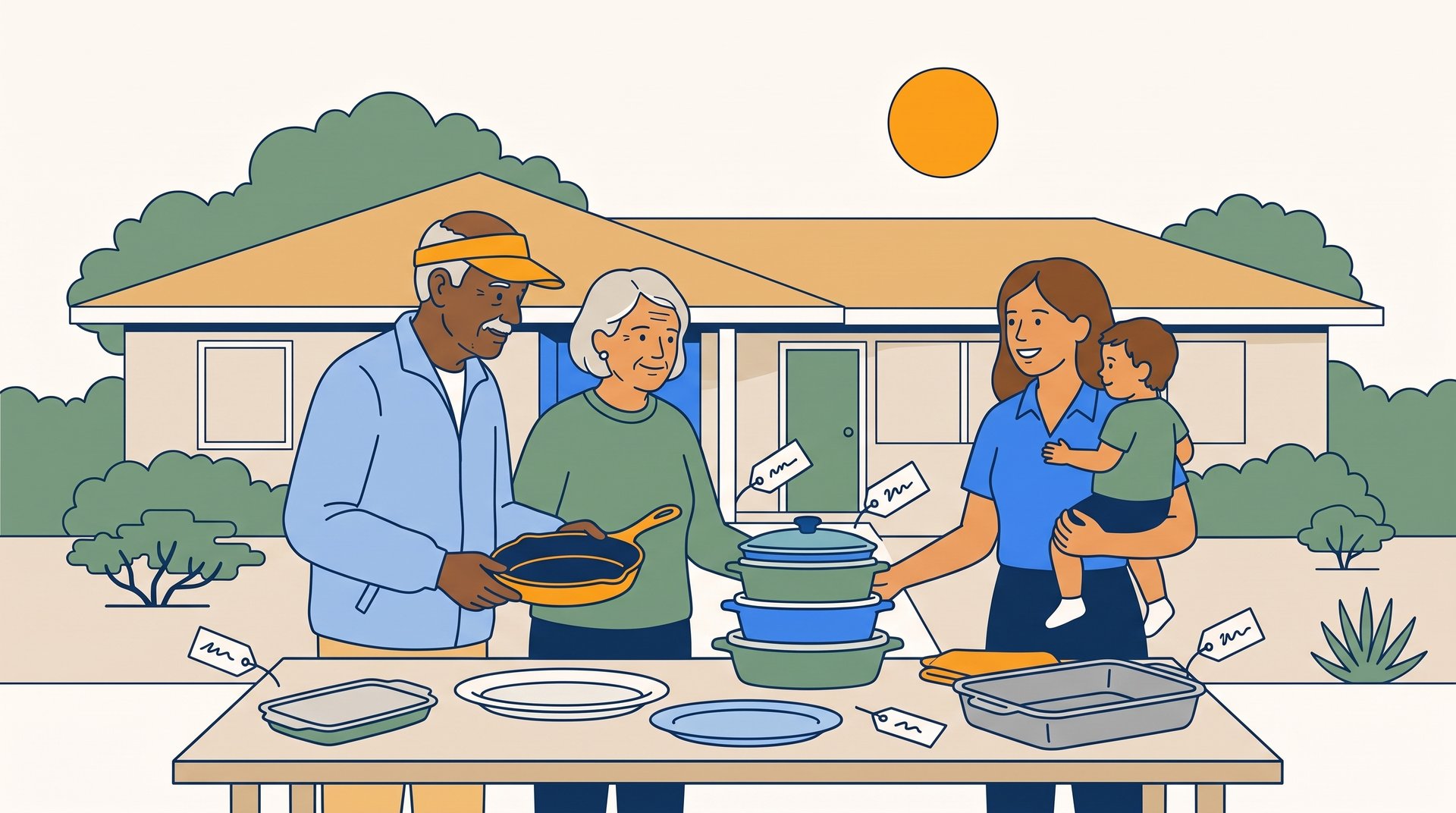 An older couple looks over a cast-iron skillet and casserole dishes at a duplex garage sale while the seller holds her toddler.