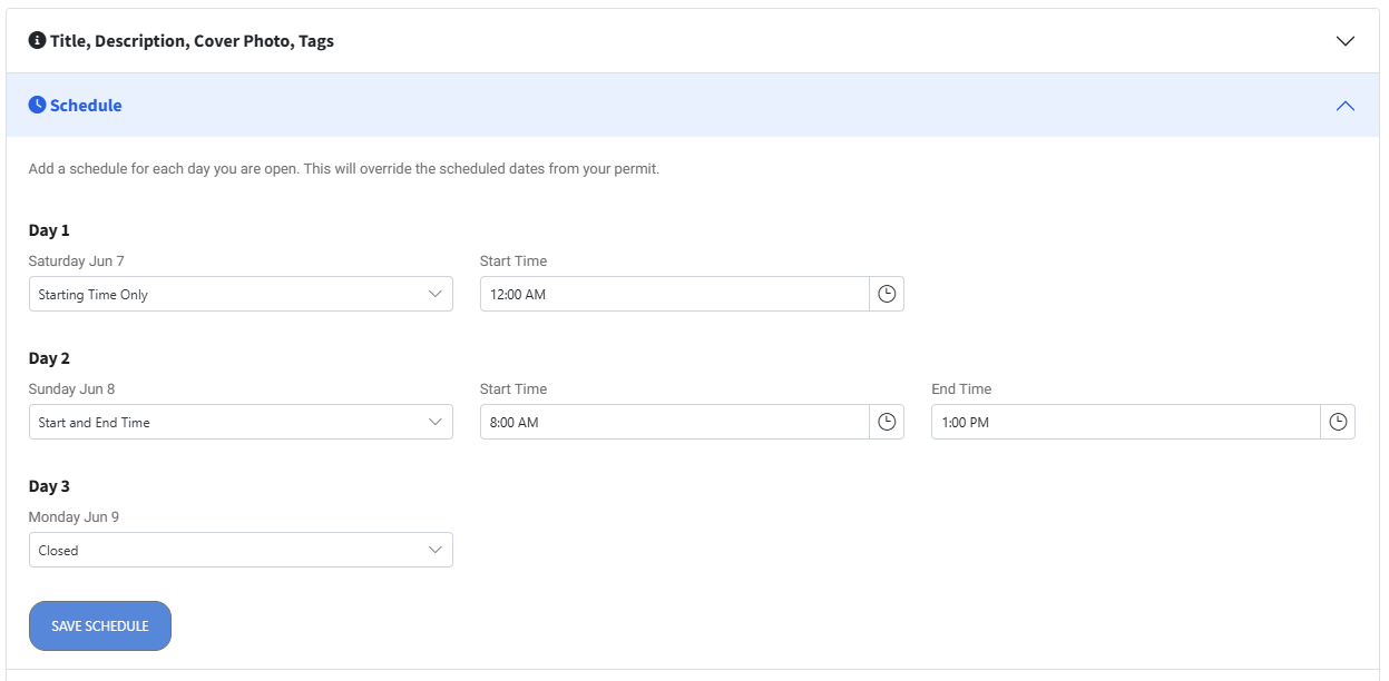 The user-friendly enhanced scheduling interface within the McAllenGarageSales.com seller dashboard, showing options to set specific times for multiple days.