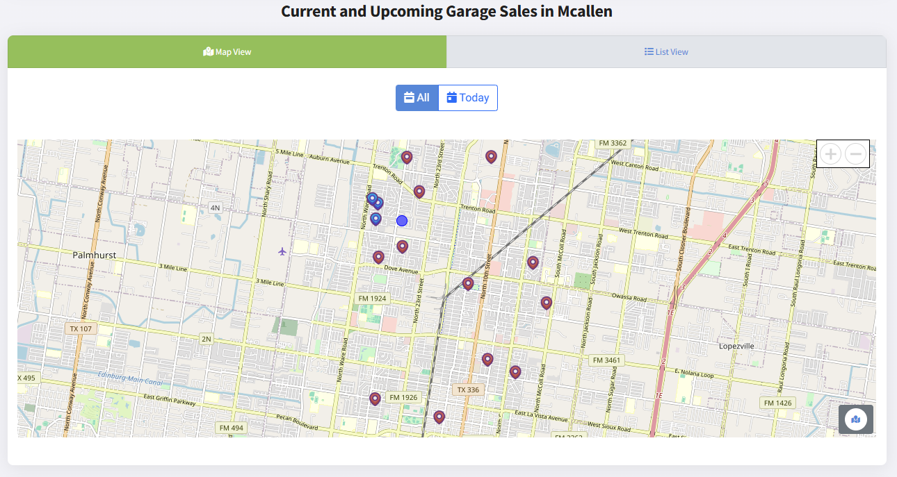 Screenshot of McAllenGarageSales.com map view with multiple sale pins
